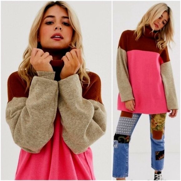 𝅺Free People Pink & Brown Oversized Colorblock Turtleneck Sweater / Pullover - Picture 13 of 13